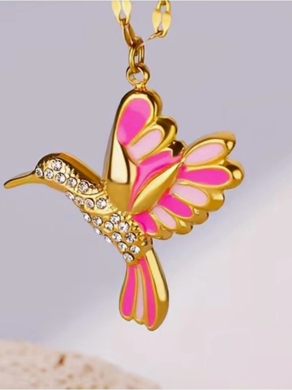 Pink & Gold Hummingbird Pendant Necklace